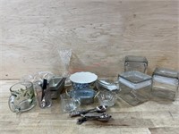 Box of glass containers / egg plate and misc.