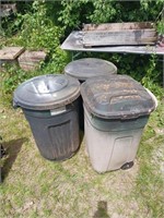 3 GARBAGE CANS 2 WITH WOOD CUT OFFS