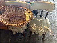 Wicker Basket, 2 Retro White chairs