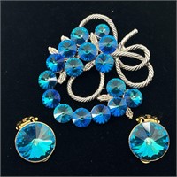 Rivoli Blue Rhinestone Brooch and Clip Earrings