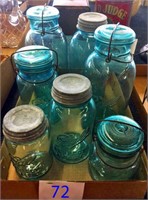Canning Jars-Blue Glass, some Glass Tops