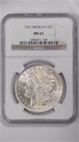 1921 Morgan Silver Dollar NGC MS62