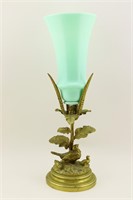 Green Glass Vase w/Figural Bronze Base