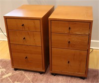 Pair of Wooden Rolling 3-Drawer File Cabinets