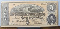 1864 Confederate States of America $5, banknote