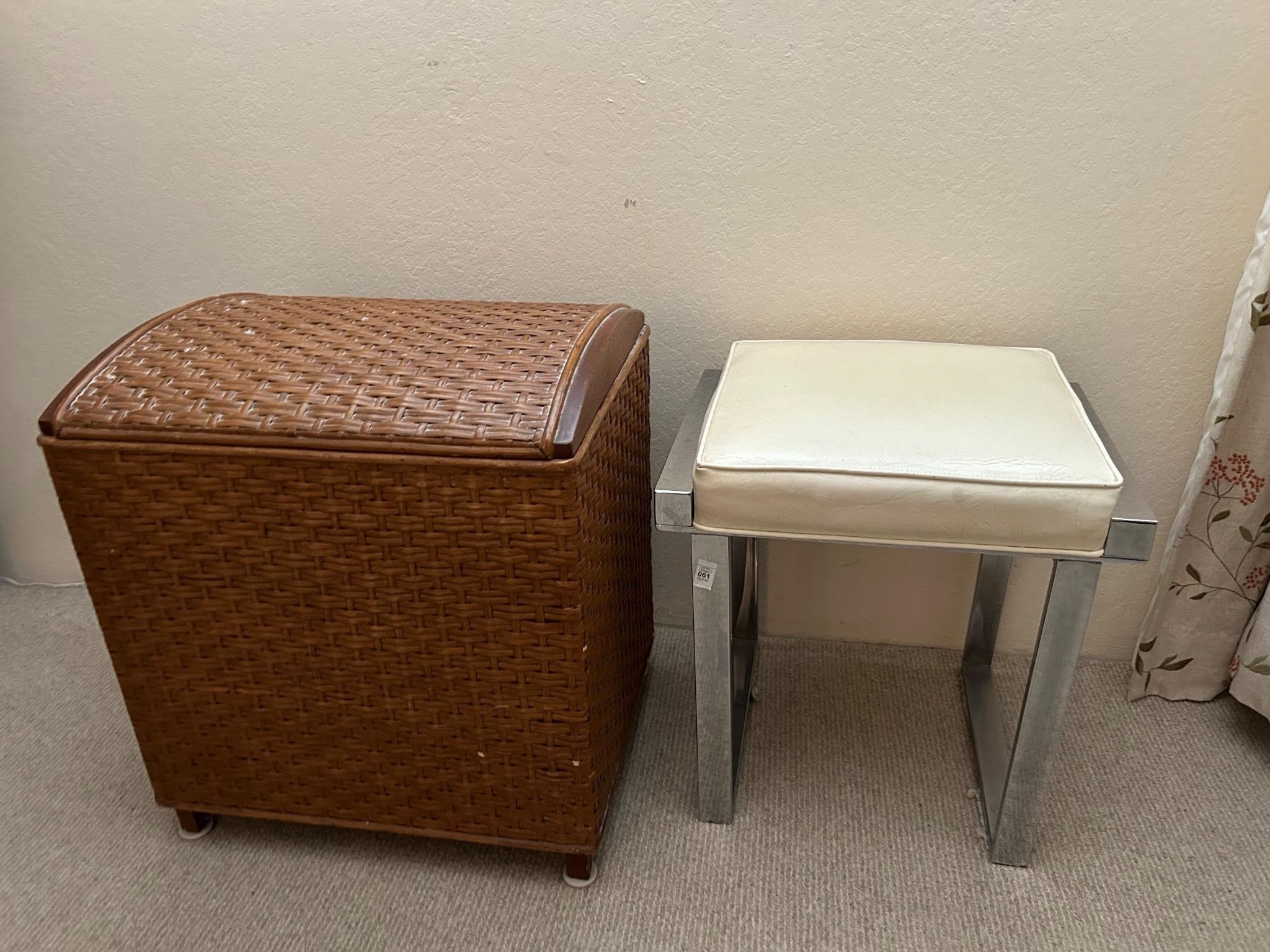 Faux Leather Vanity Stool + Wood / Wicker Basket