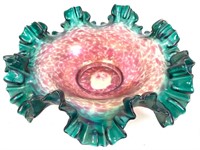 Carnival Glass Teal and Rose Ruffled Bowl