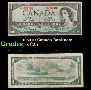 1954 $1 Canada Banknote Grades vf+
