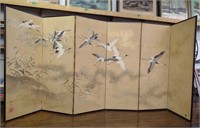 Panel Room Divider Cranes Weeds Hand-Painted 147"