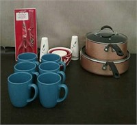 Box-Copper Pans, 6 Mugs, 3 PC. Small Bowl Set,