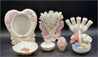 Double Handle Porcelain Vase w/ Floral Design &