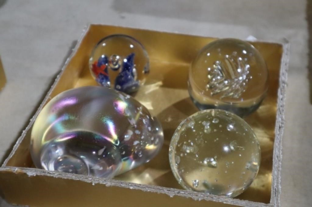 4 OLD PAPER WEIGHTS, ONE HAS GLASS GOLD FISH