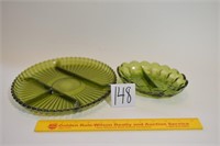 2 Vintage Green Glass Divided Serving Dishes