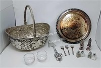 Silver Plate Kitchen Goods & Large Basket  - K
