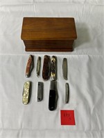 Vintage Pocket Knife Lot Set of 9 Wooden Box