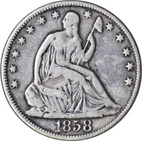 1858 SEATED LIBERTY HALF - FINE DETAIL, CLEANED
