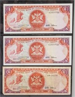 1979 Trinidad and Tobago 1 Dollar Banknotes 3 PC