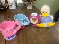VTG BARNEY CLOCK, BARNUM AND BAILEY CUPS AND DUCK
