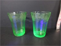 2 GREEN URANIUM GLASS JUICE GLASSES