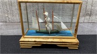 3 Mast Schooner Miniature In Glass Wooden Case 5"