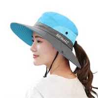 Wide Brim Hat with Ponytail Hole, Blue and Grey