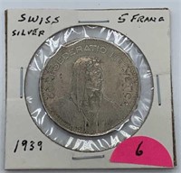 1939 Swiss Silver 5 Franc Coin