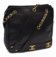 CHANEL BLACK CAVIAR LEATHER CC LOGO SHOULDER BAG