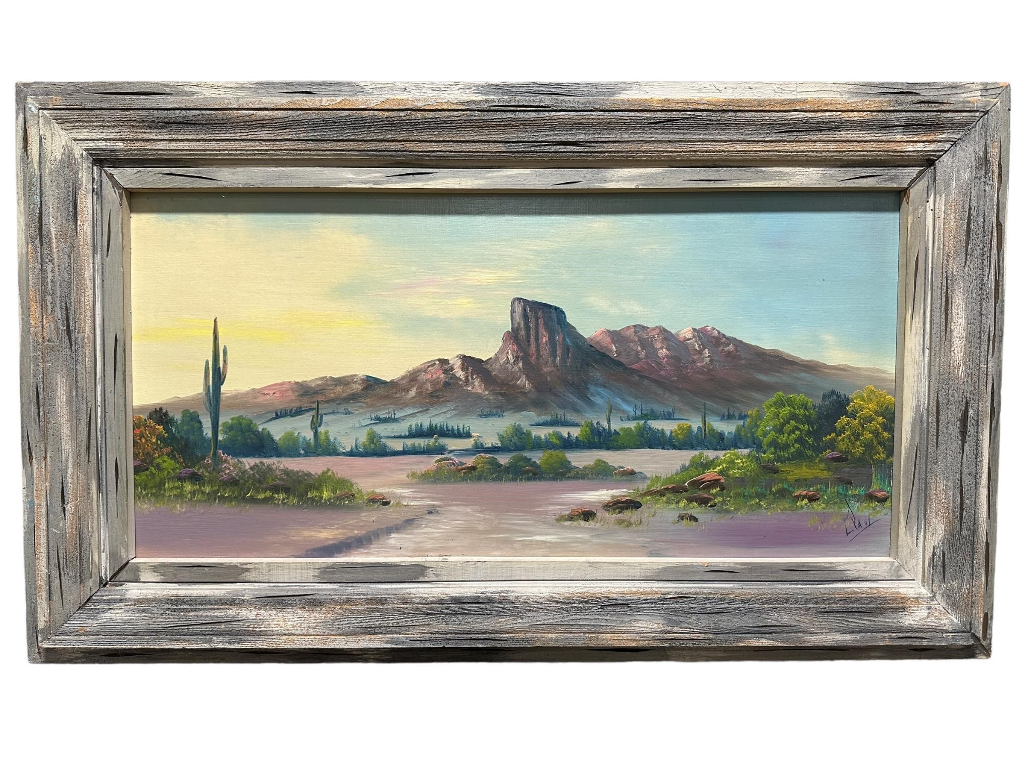 Signed Oil on Board Mountain & Desert Scene