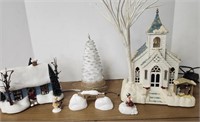Lighted Church, house, tree, pig figures
