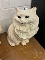 Ceramic cat statue, white Persian, dark eyes