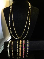 6 gemstone & glass bracelets & 1 necklace