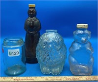 4 Vintage Glass Bottles, Different Characters