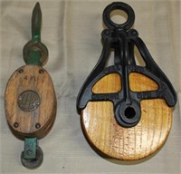2 barn pulleys, iron Hudson Mfg Co. w/wdn sheave