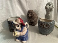 FIVE ceramic figures. 2 dogs, 1 owl, dalmation