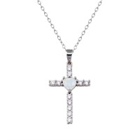Sterling Silver-Cross Heart Opal Crystal Necklace