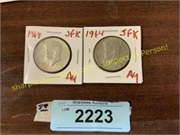 2- 1964 JFK AU half dollar coins