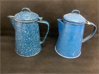 2 Vintage Graniteware Pitchers with Lids