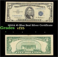 1953A $5 Blue Seal Silver Certificate Grades vf+