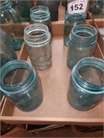 6 X'S BID BLUE GLASS  SMALLER CANNING JARS