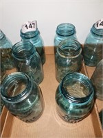 6 X'S BID BLUE GLASS CANNING JARS