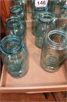 6 X'S BID BLUE GLASS CANNING JARS