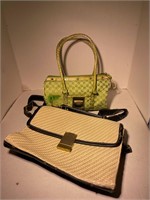 green purse and beige & black purse
