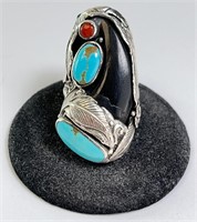 Lg Sterling Native Turquoise/Coral Claw Ring 19 Gr