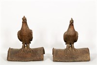 Pair, Pottery Stone Inset Rooster Roof Tiles