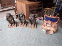 (3) Monkey Figurines, Mouse Music Box