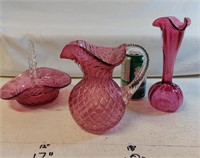 Cranberry Glass Vase,Pitcher,Bowl