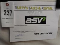 Duffy's Sales & Rental $200 Rental Certificate