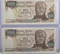 (2) Vintage 1000 Pesos Argentina Paper Bills