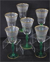 6 Vintage Etched Glass Uranium Goblet Stemware