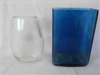 2- handblown vases, blue and clear